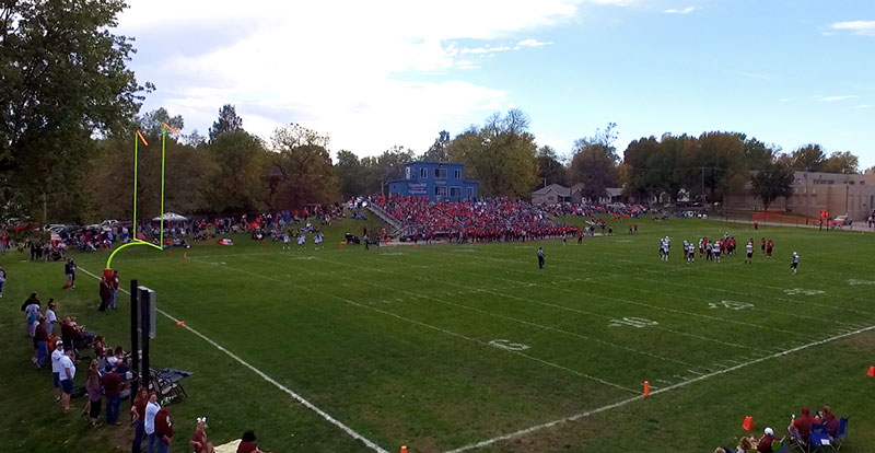 An aerial photo of a MacMurray football game.