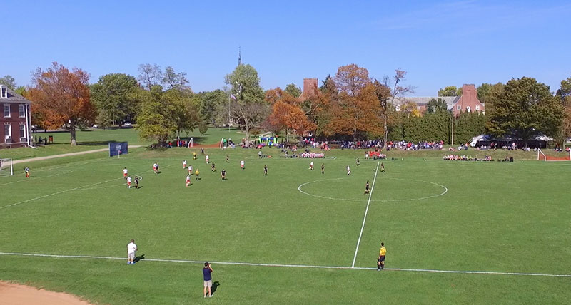 An aerial photo of a MacMurray soccer match.