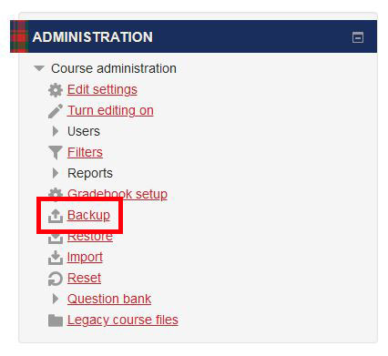 Screenshot of the Administration block with the Course administration menu expanded.  The seventh link, Backup, is highlighted.